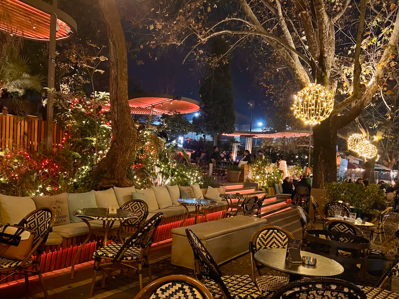 Outdoor seating at night in tirana