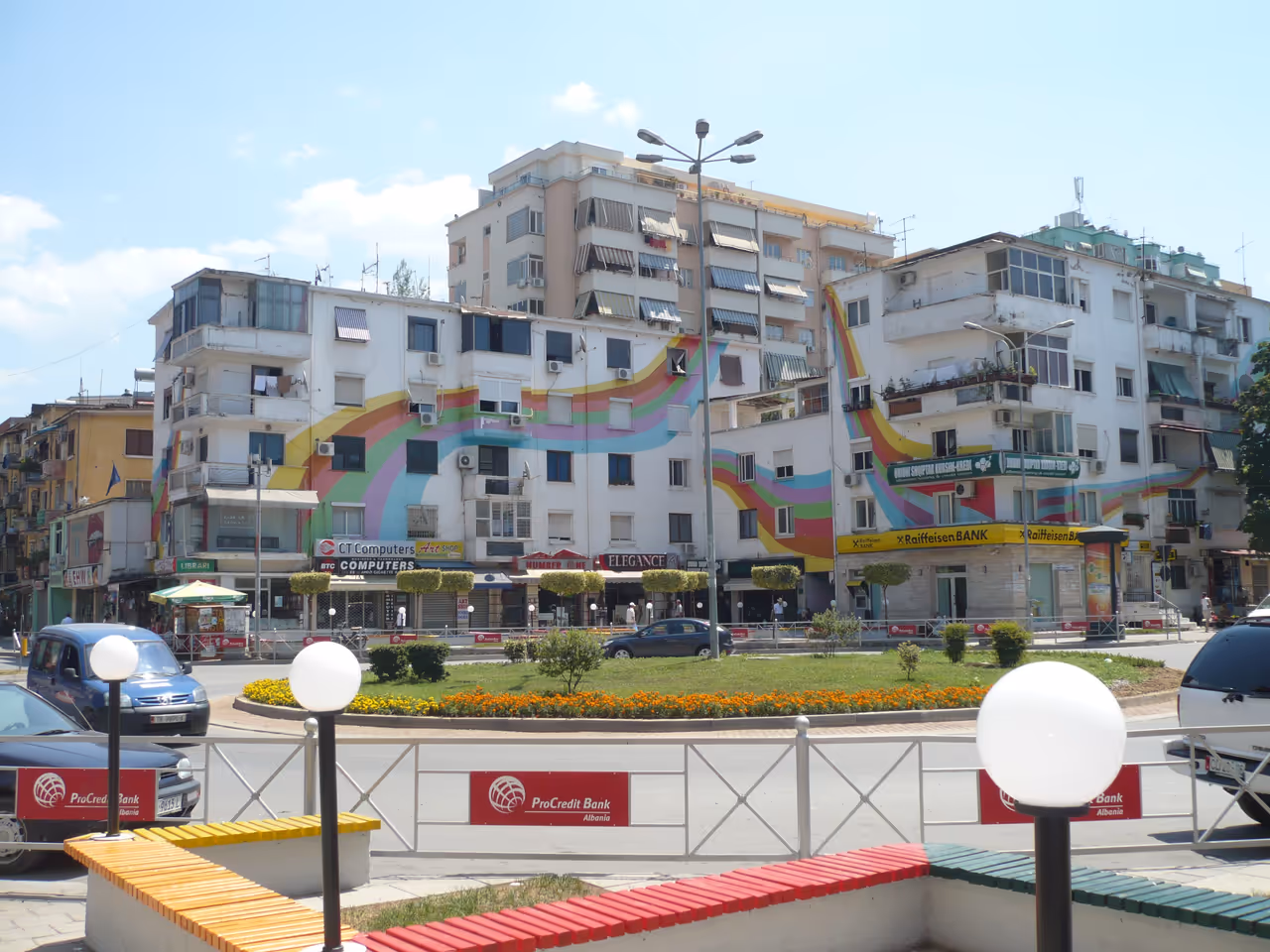 Colourful painted buildings in Tirana