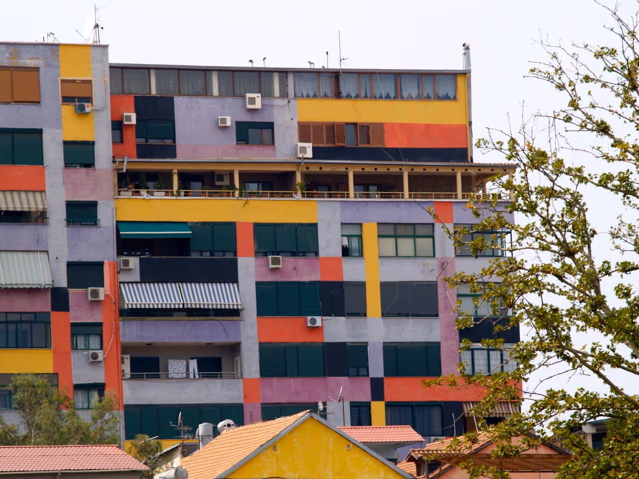 Colourful painted buildings in Tirana
