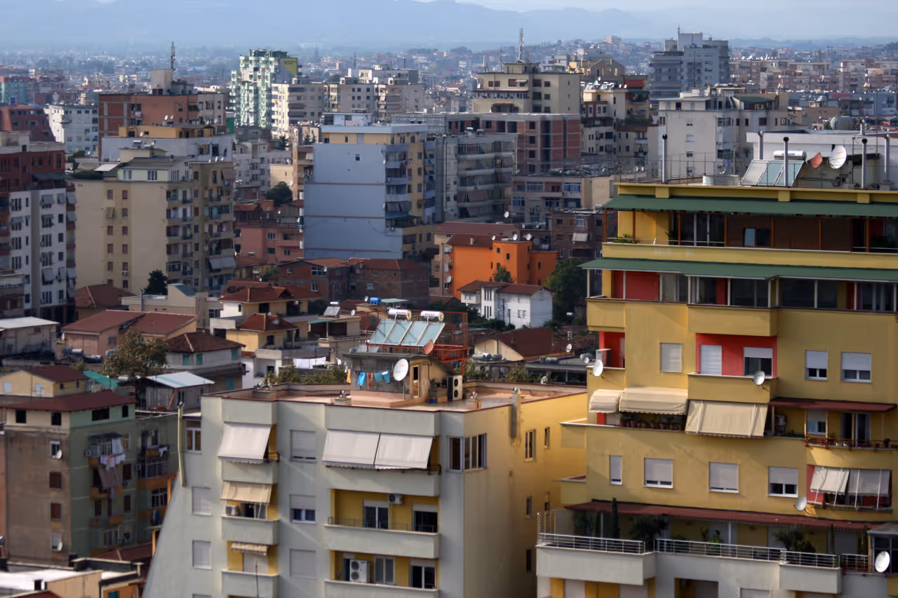 Colourful painted buildings in Tirana
