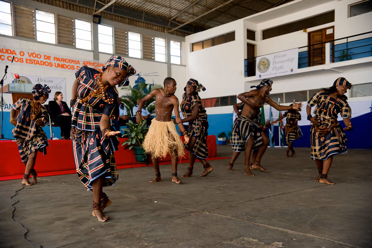 The Angolan air force dance troupe performs during the opening ceremony for African Partnership Flight Angola, on Luanda Air Base, Angola.