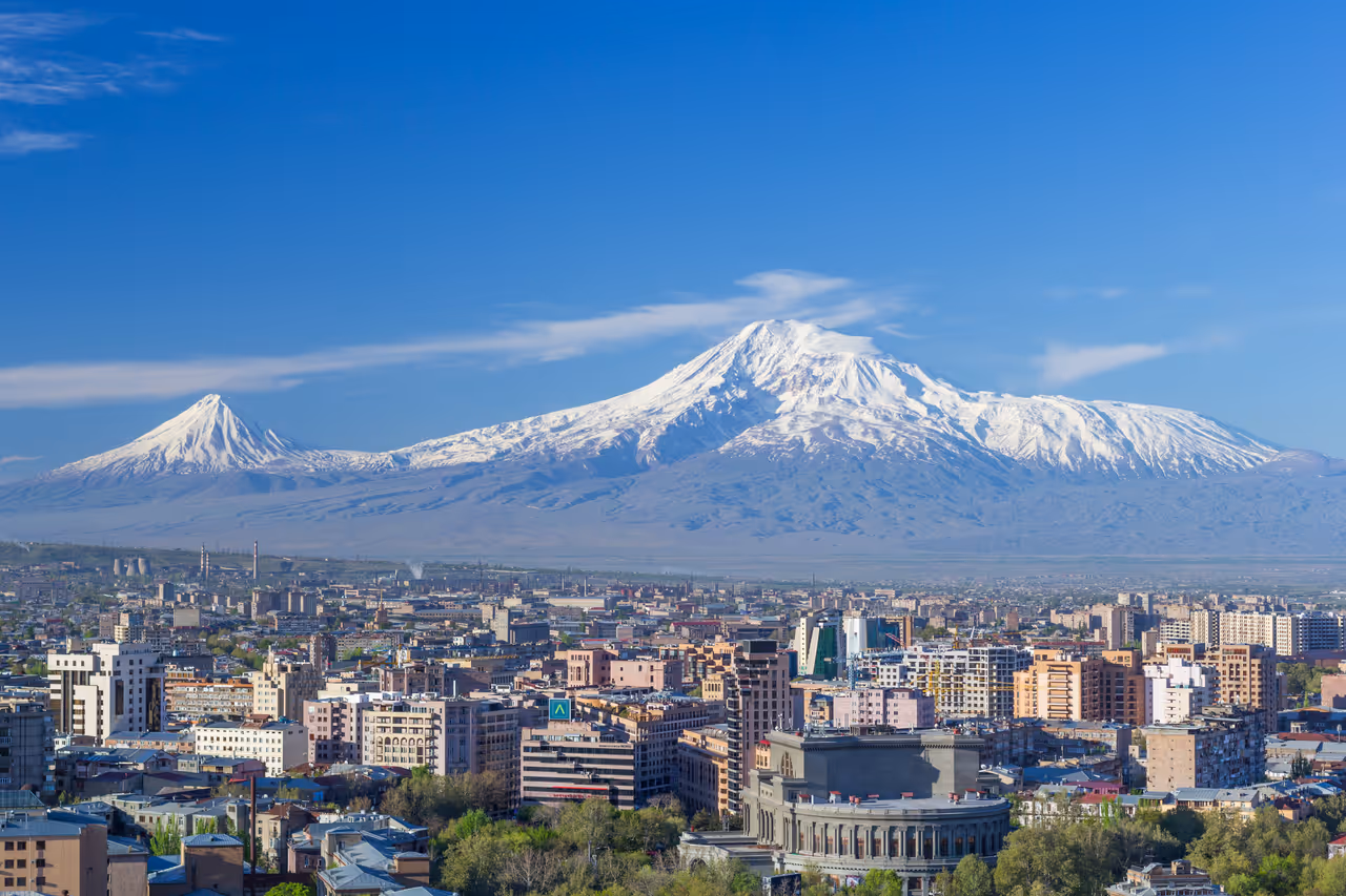 Mount Ararat and the Yerevan skyline in spring.