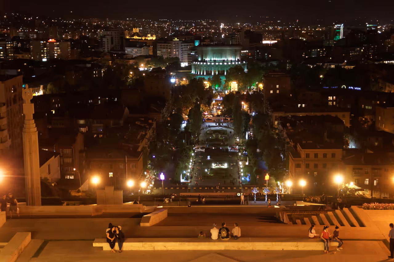 View of Yerevan city centre at night.