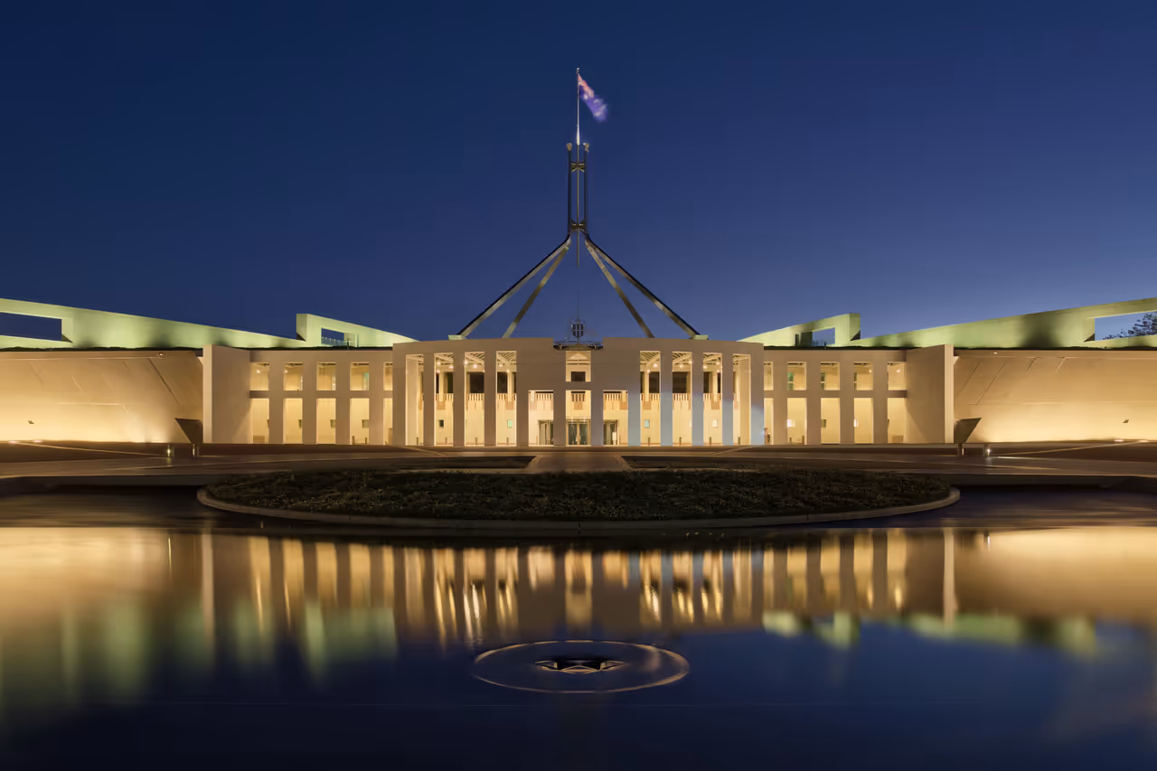 Blue hour photo of Parliament House, Canberra Australia.