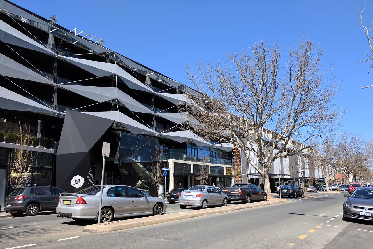 Mixed apartment and retail buildings at the northern end of Lonsdale Street in Braddon