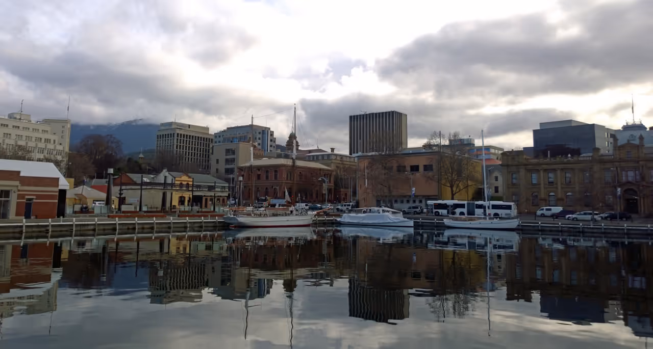 A view over Constitution Dock of the Hobart city centre
