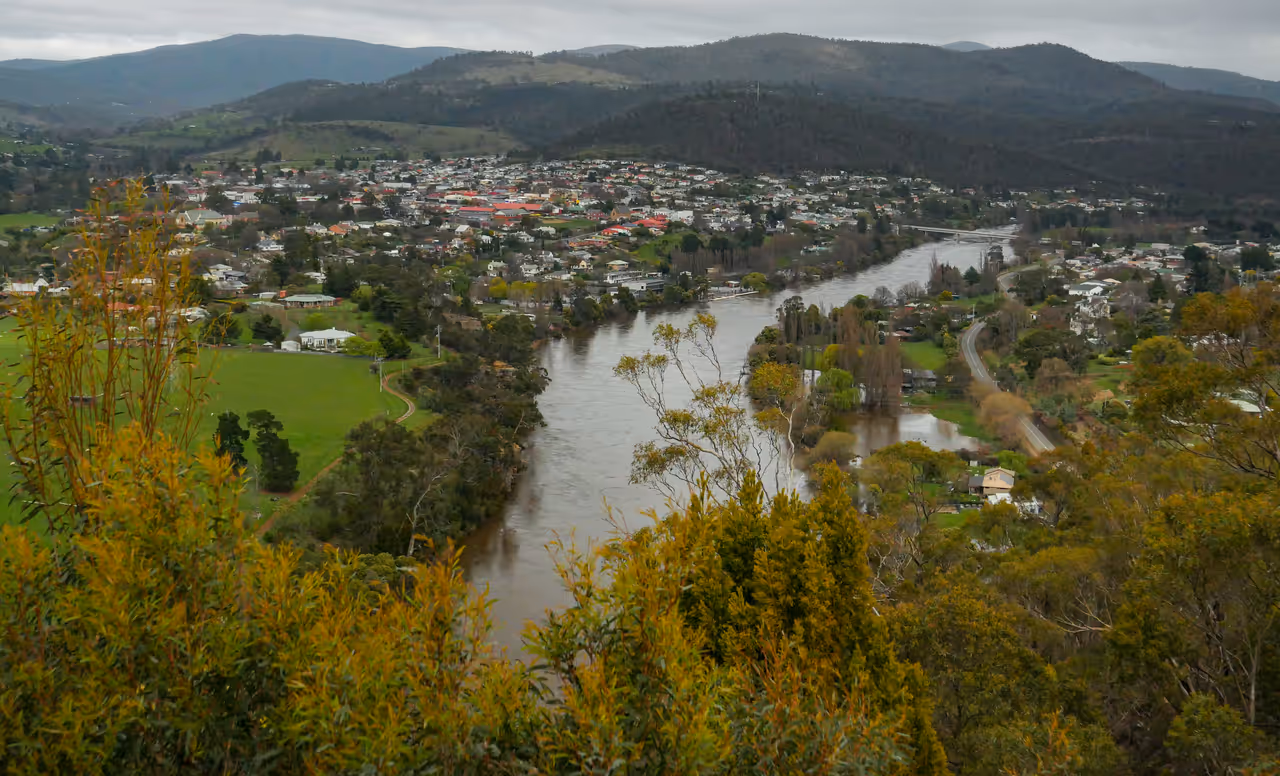 Pulpit Rock shows the swollen Derwent River in Hobart, after heavy rainfall.