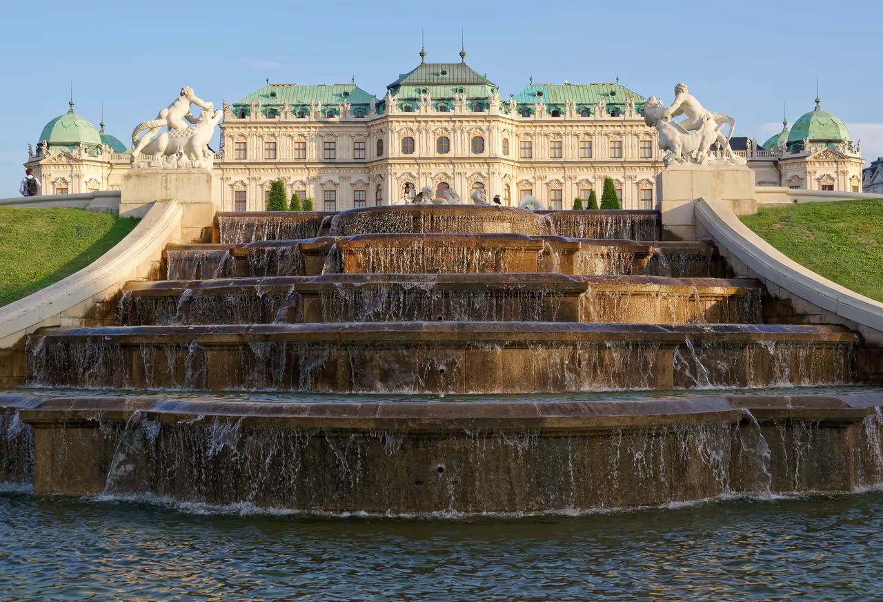 Fountain in the gardens of the Belvedere, Upper Palace in the background, Vienna