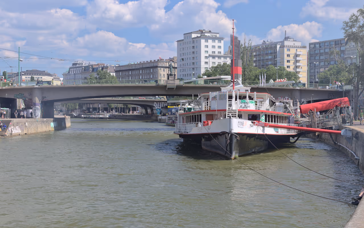 Danube canal promenade nightlife spot in Vienna