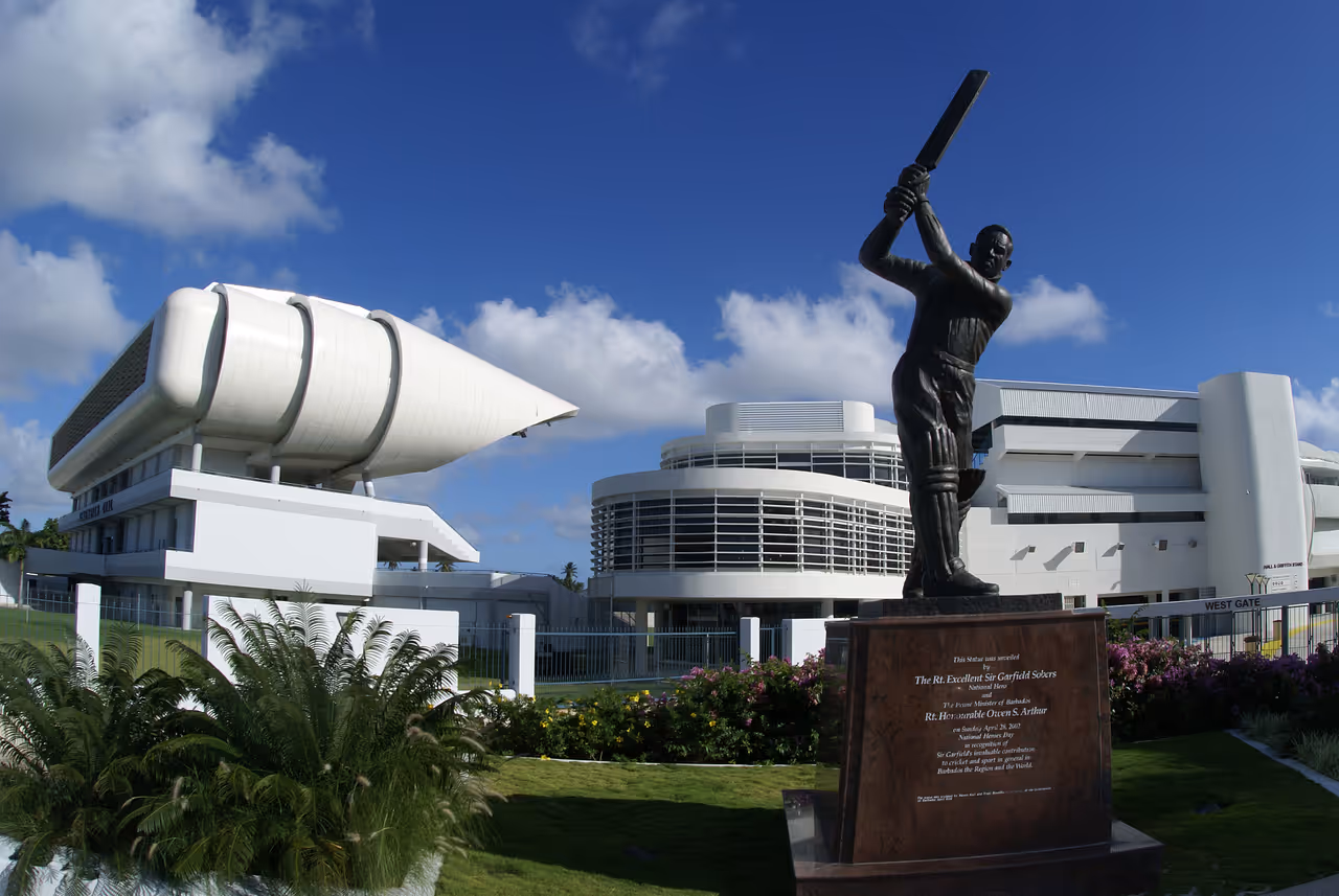 Fisheye shot of Sir Garfield Sobers, cricket legend and national hero, statue at Kensington Oval Cricket Ground in Barbados
