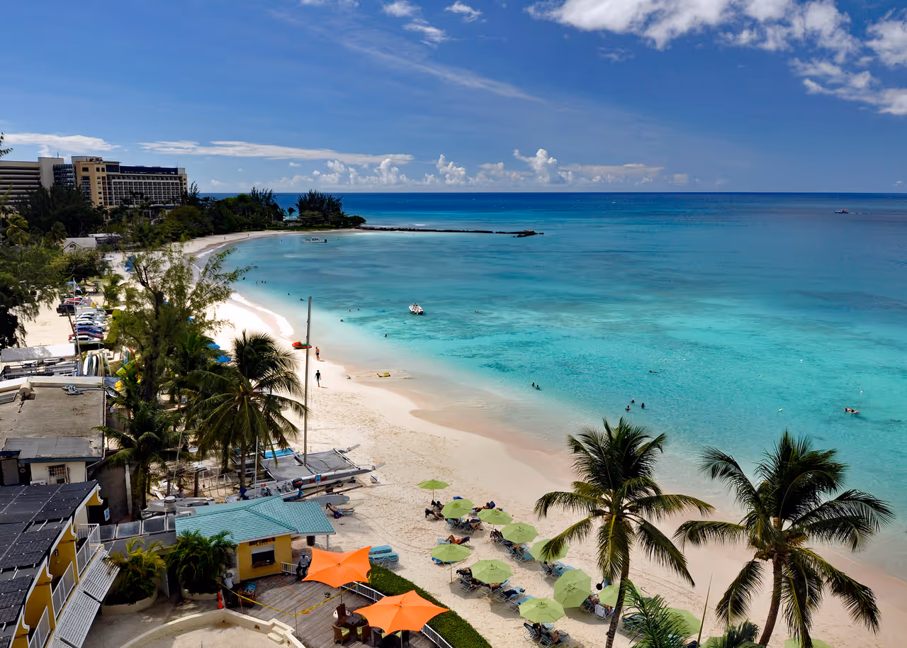 A view of Carlisle Bay, looking southwest, with the Hilton Hotel at the point, Barbados