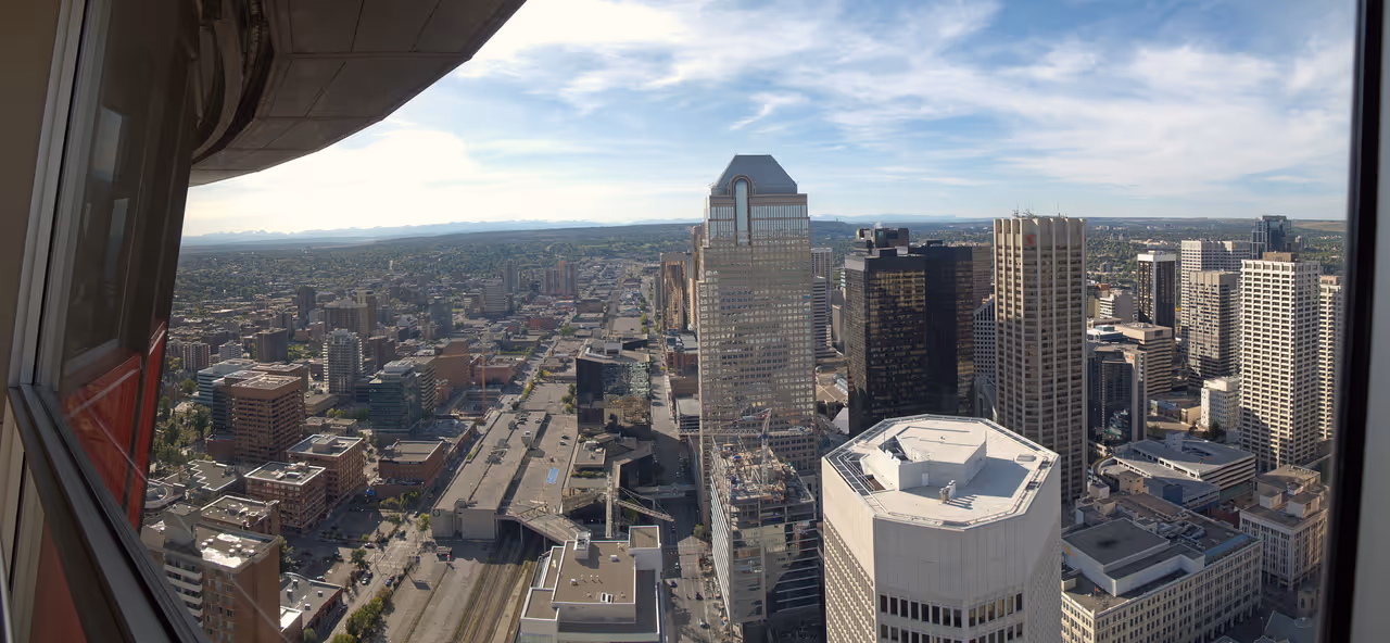 Wide angle view from Calgary Tower into downtown core