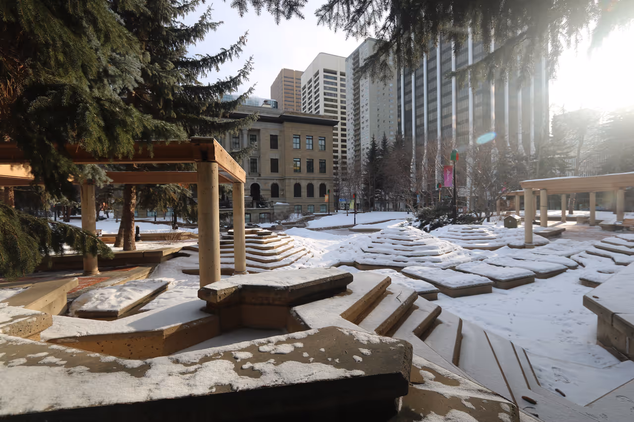 Fountains covered in snow in calgary