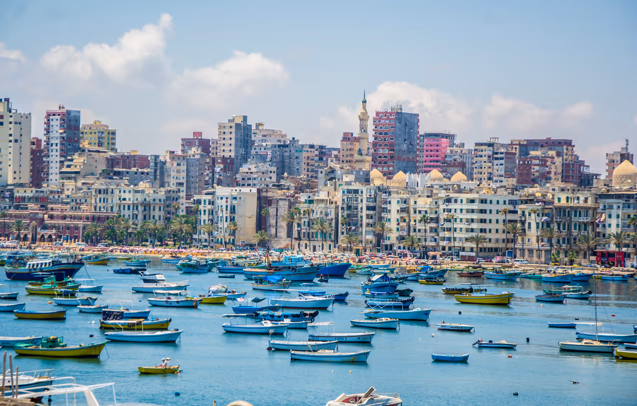 Alexandria sea with boats, overlooking the city