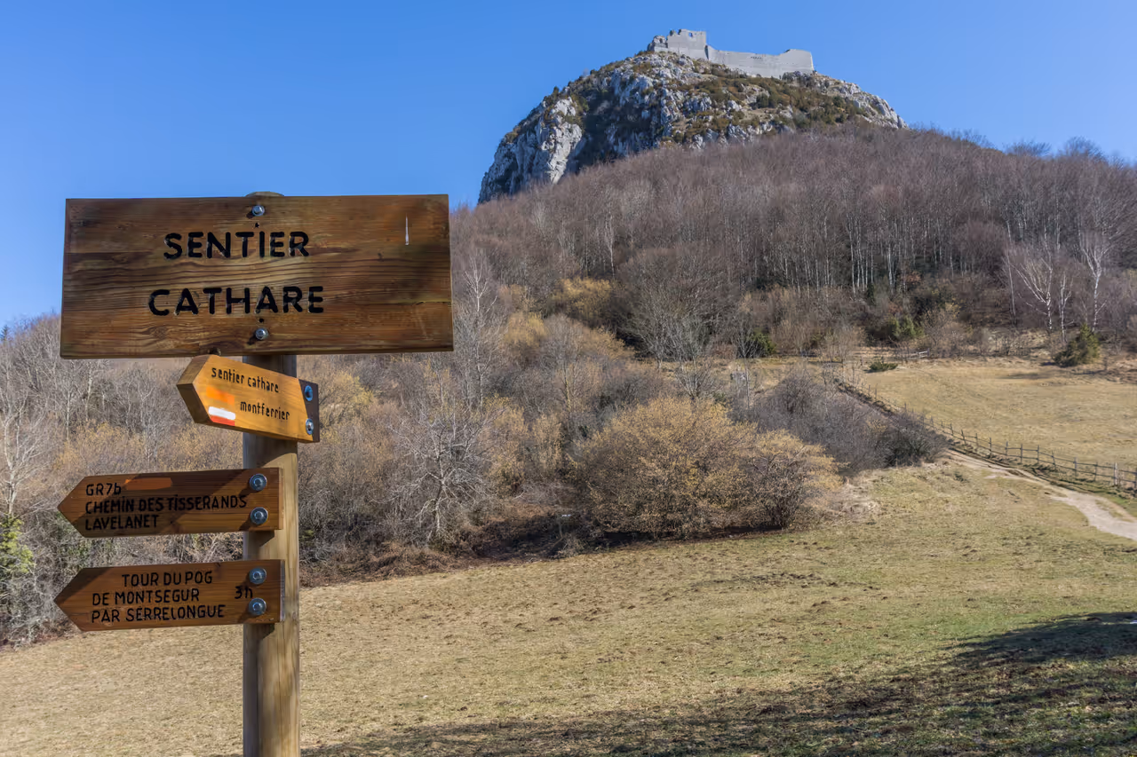 Wooden trail signs for Sentier Cathare hiking route with Château de Montségur castle ruins on a rocky hilltop in the background