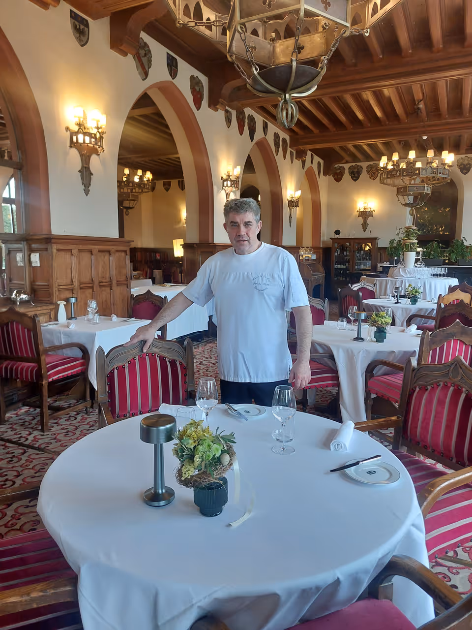 Chef Jérôme Ryon in the dining room of La Barbacane restaurant, Carcassonne