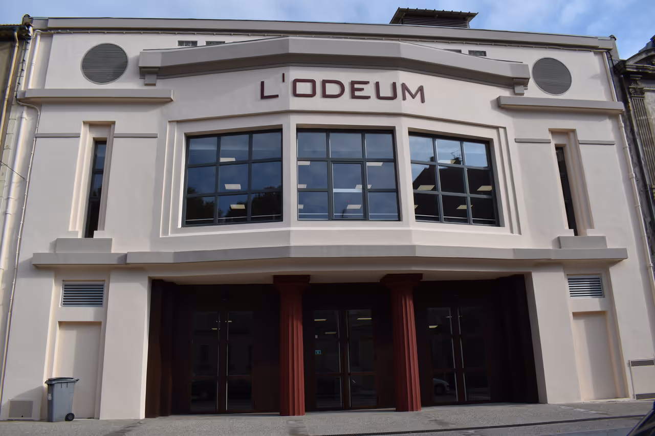 L'Odeum historic art deco cinema facade in Carcassonne