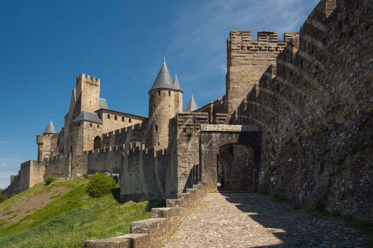 Medieval ramparts and stone towers of the Cité de Carcassonne Porte d'Aude gate