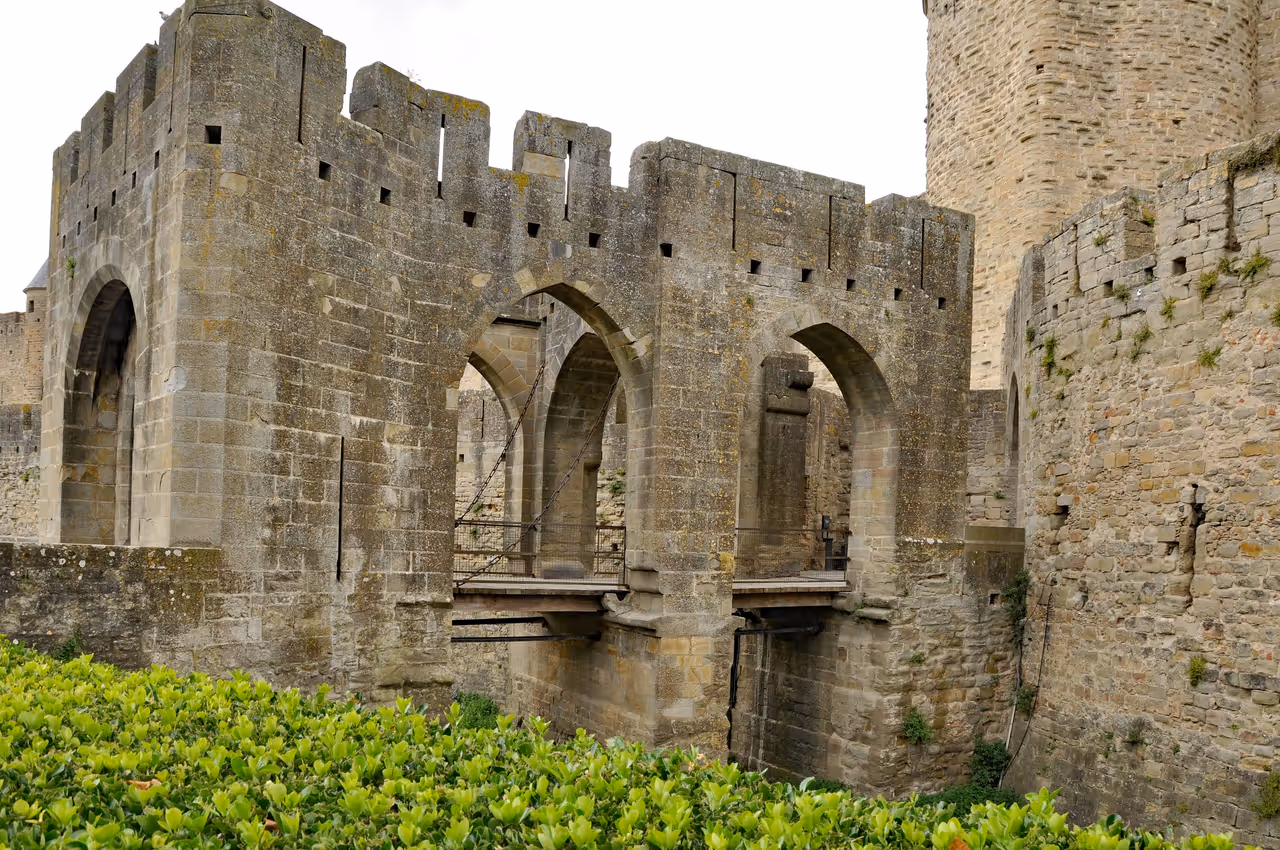 Stone bridge and fortified gate at the Cité de Carcassonne medieval fortress