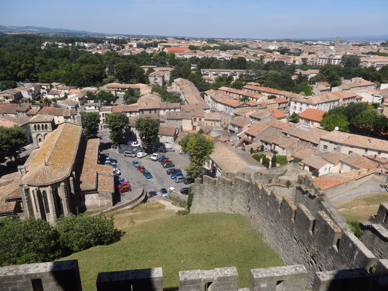 Panoramic view of Eglise Saint-Gimer and the Barbacane de l'Aude from the medieval walls of Carcassonne