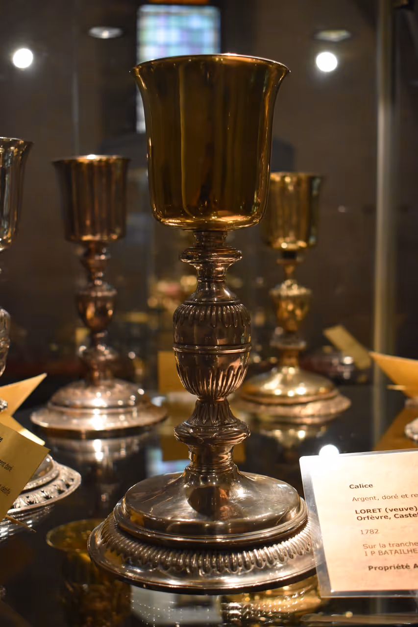 An 18th-century silver-gilt chalice on display at the Saint-Vincent Church treasury in Carcassonne