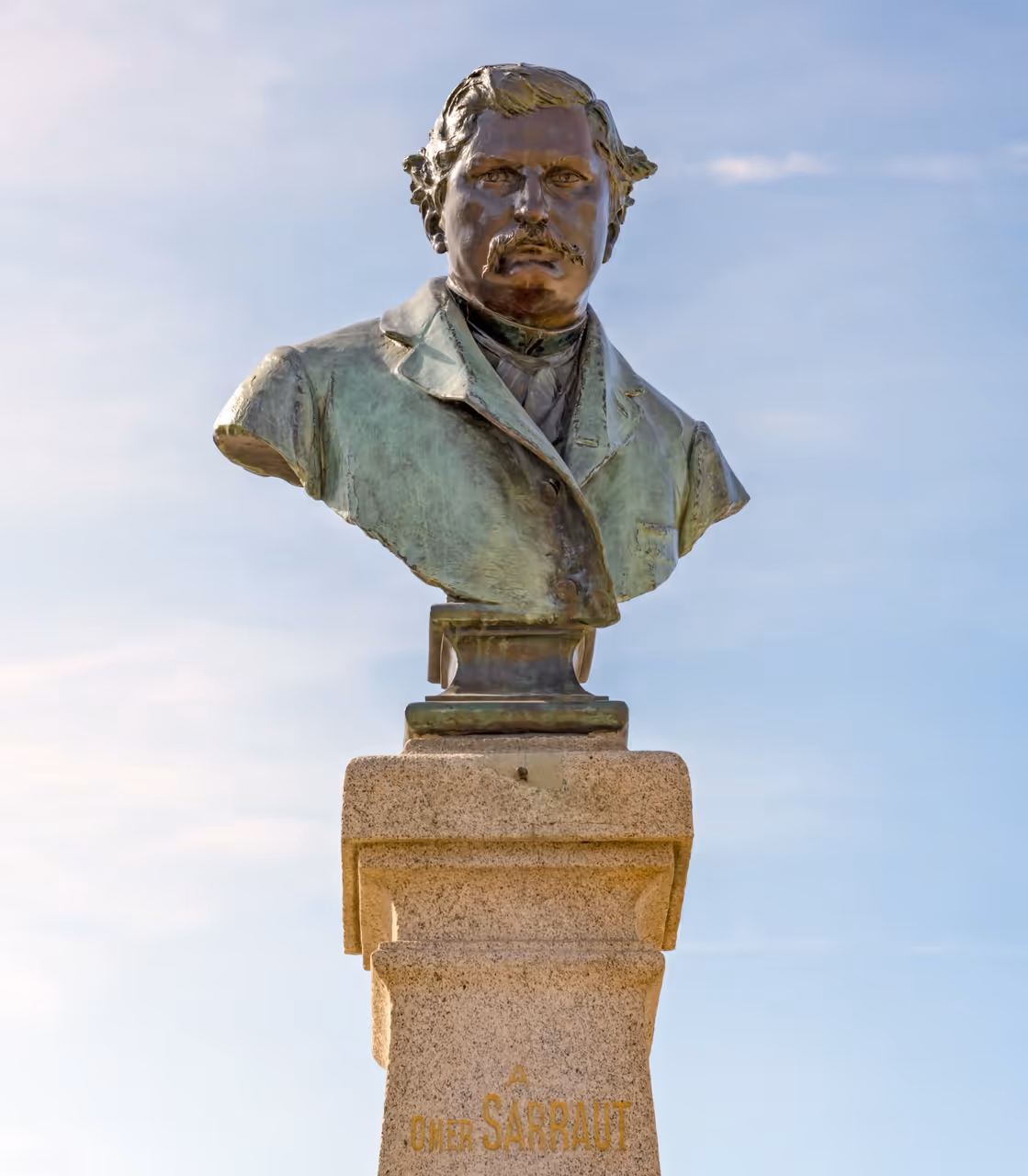 Bronze bust monument of Omer Sarraut by Paul Ducuing in Square André Chénier, Carcassonne