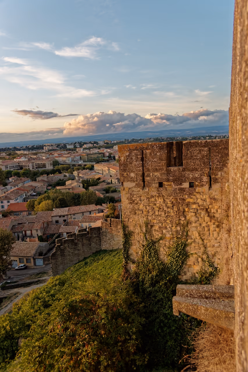 Panoramic view of Carcassonne Citadel overlooking the historic town at sunset