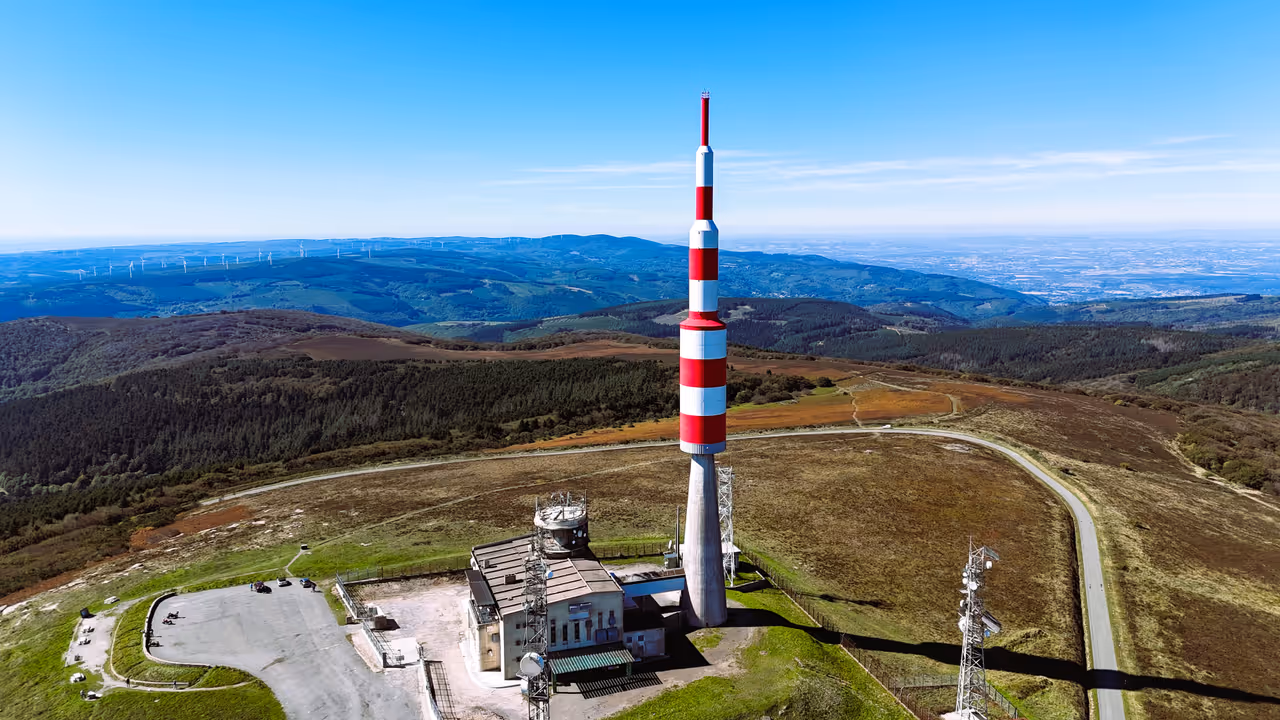 Aerial view of Pic de Nore transmitter tower and summit landscape