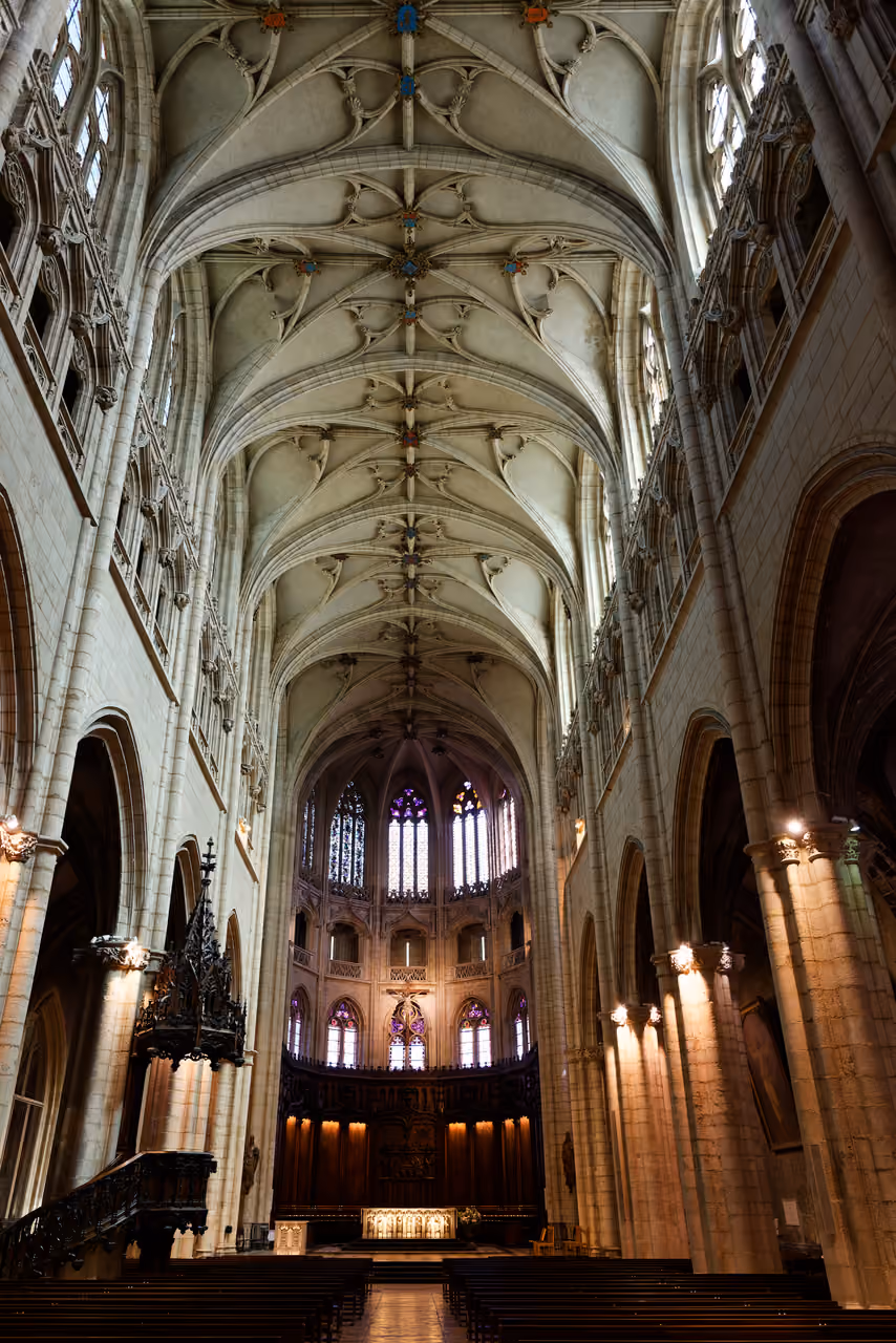 Interior view of the Gothic nave and choir vaults of Saint-Nizier Church