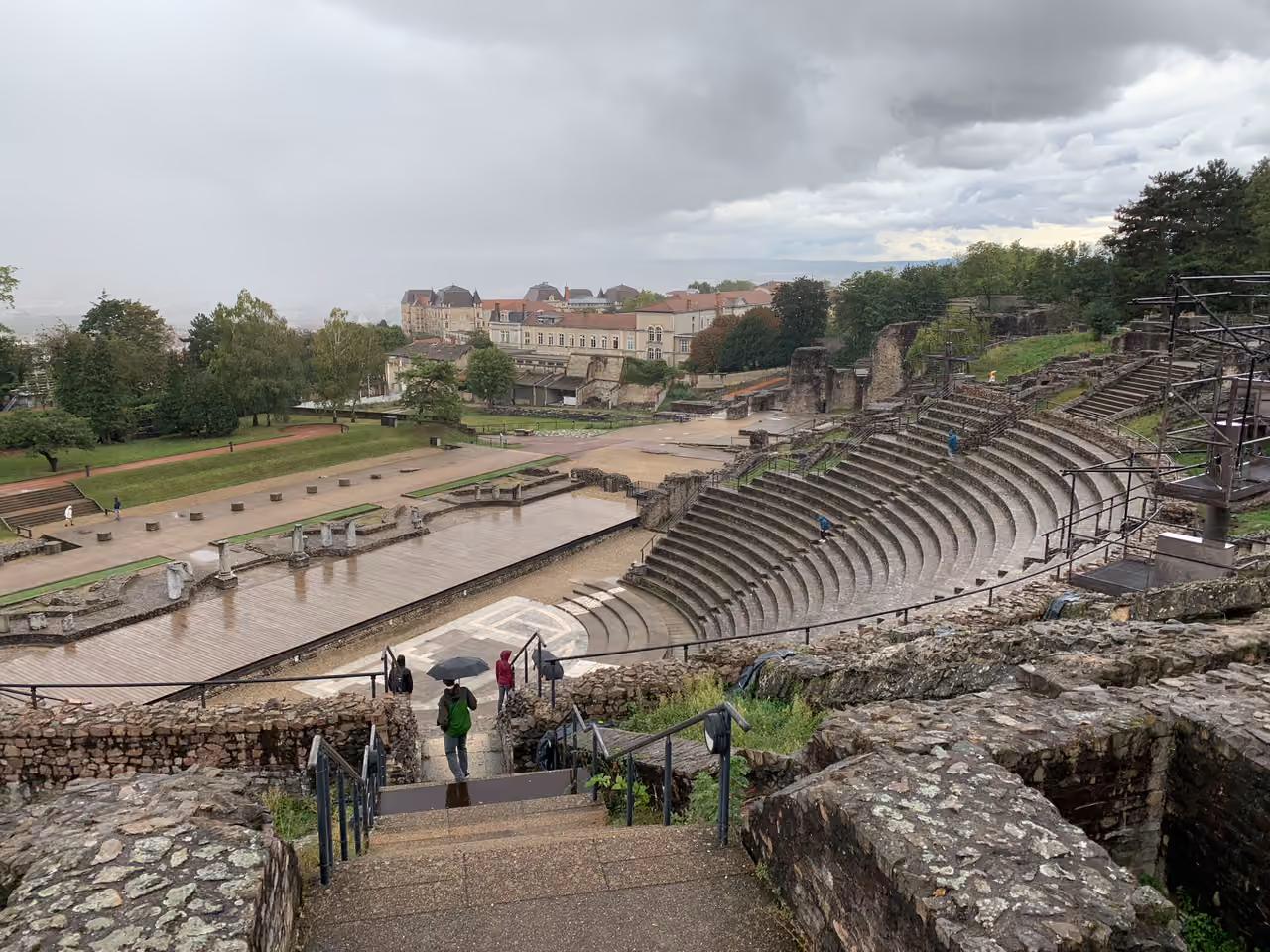 Ancient Roman theatre of Fourviere ruins on a cloudy day