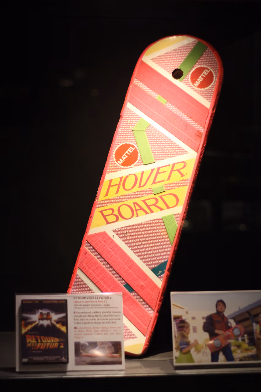 Mattel hoverboard prop from Back to the Future Part II displayed at the Cinema and Miniature Museum