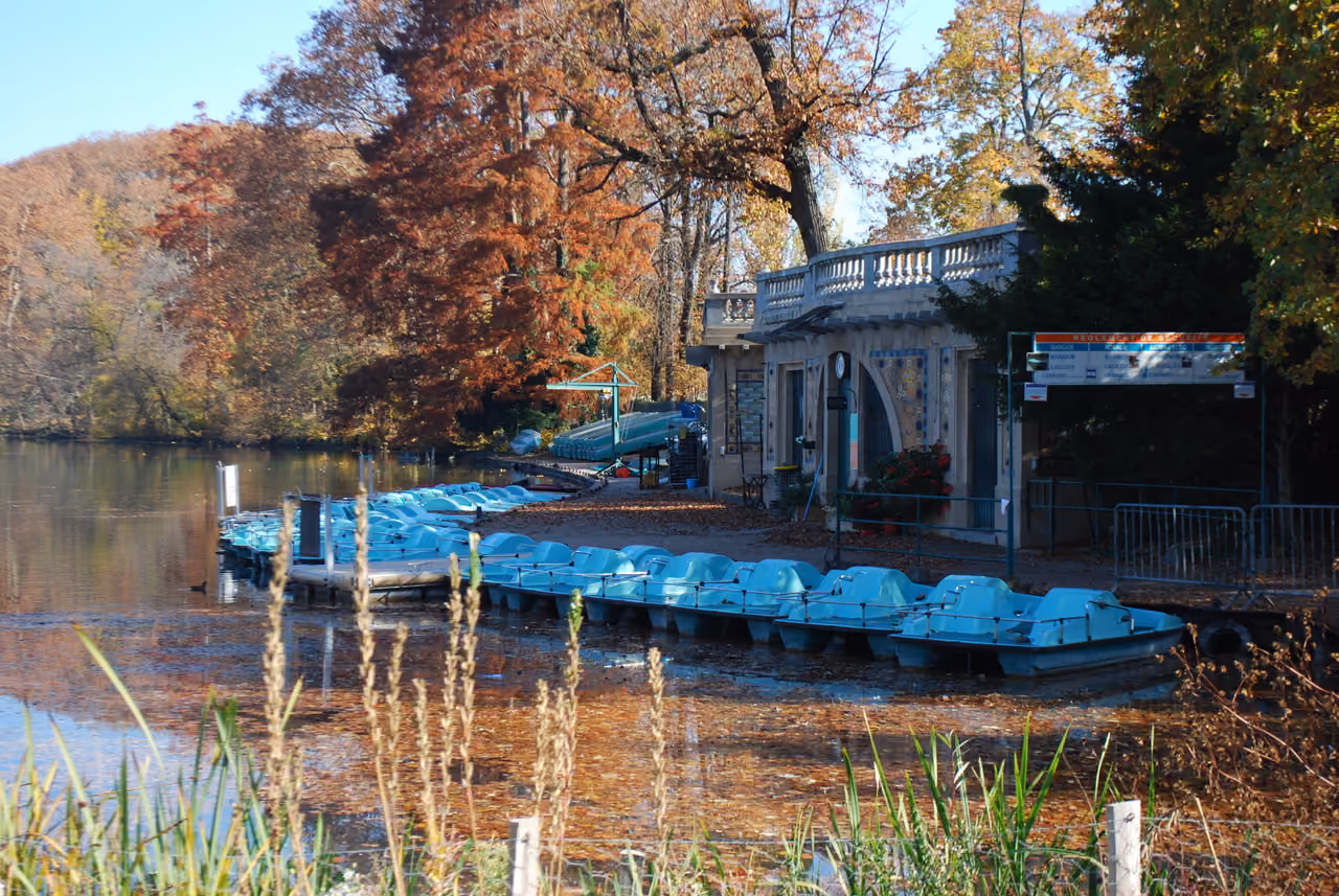 Rowing boats docked at the lake pier in Parc de la Tete d'Or during autumn in Lyon