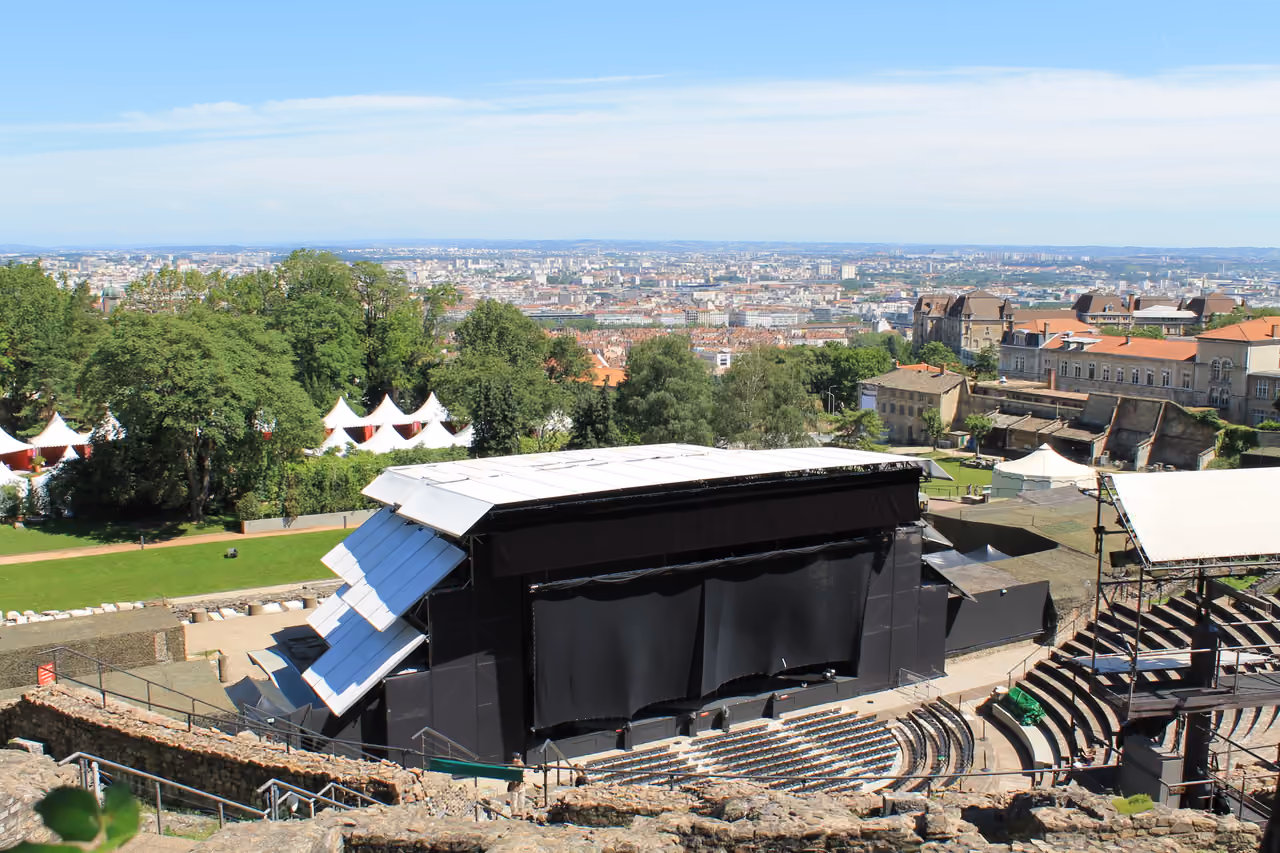 Ancient Roman Theatre of Fourvière with modern stage overlooking the city of Lyon