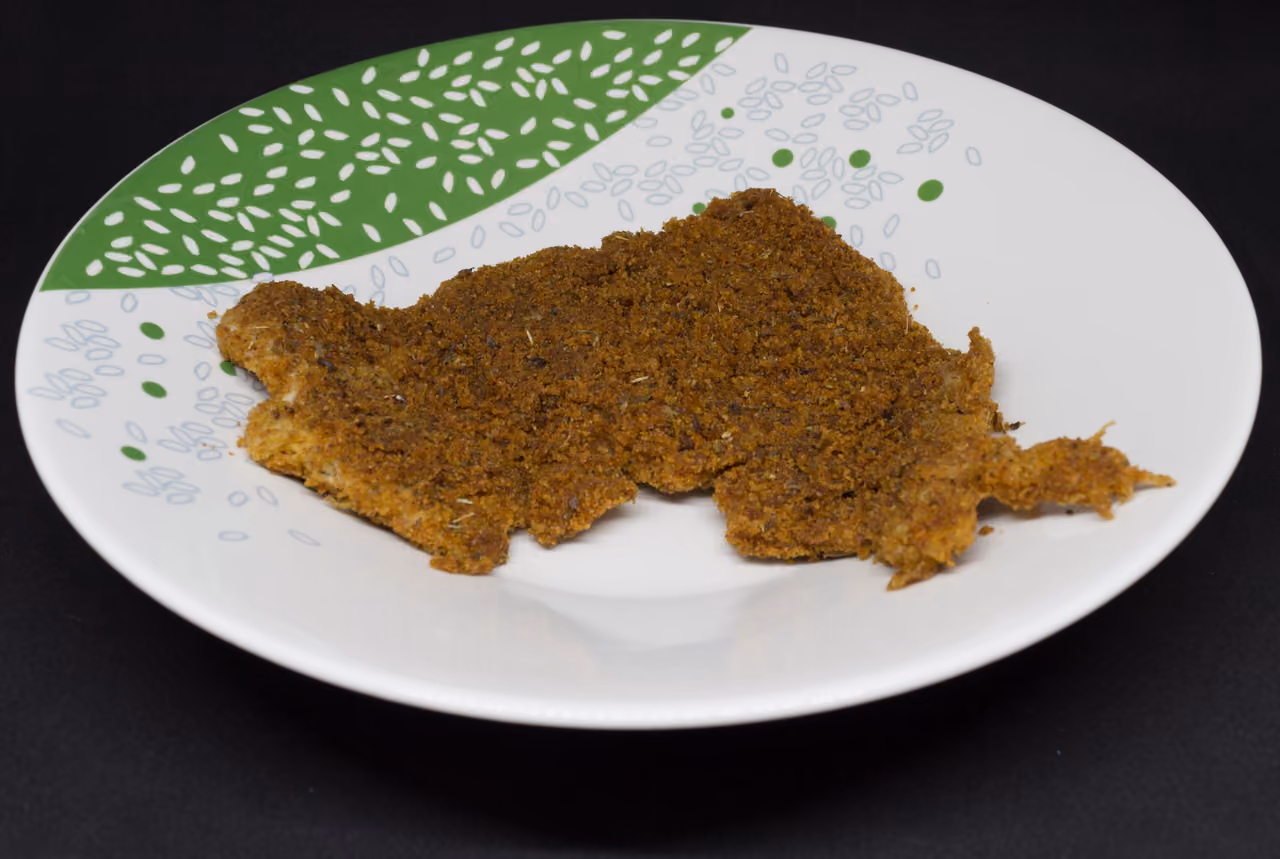 Traditional Lyonnais tablier de sapeur breaded tripe dish on a patterned plate
