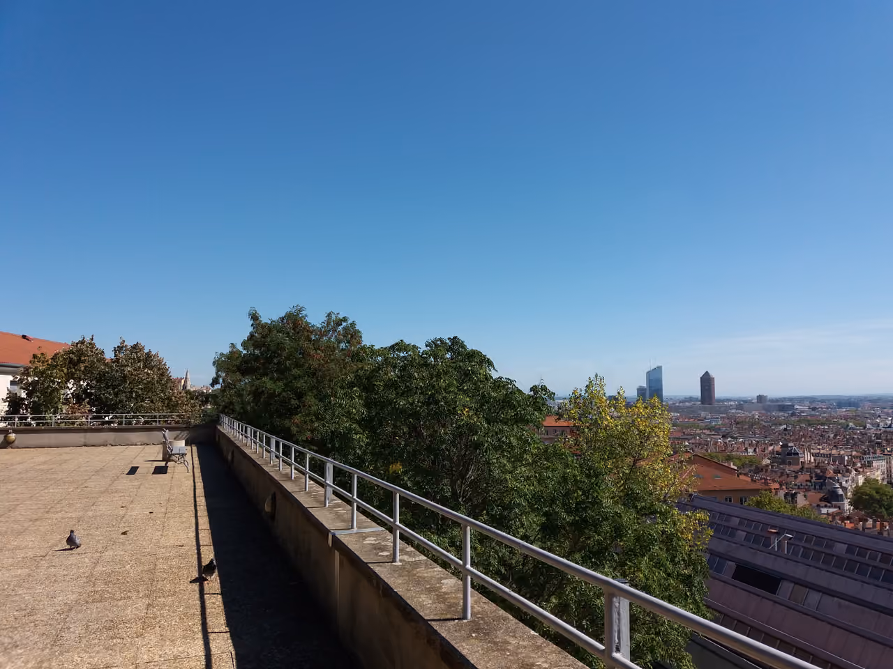Scenic observation terrace offering panoramic views of a city skyline under a clear blue sky