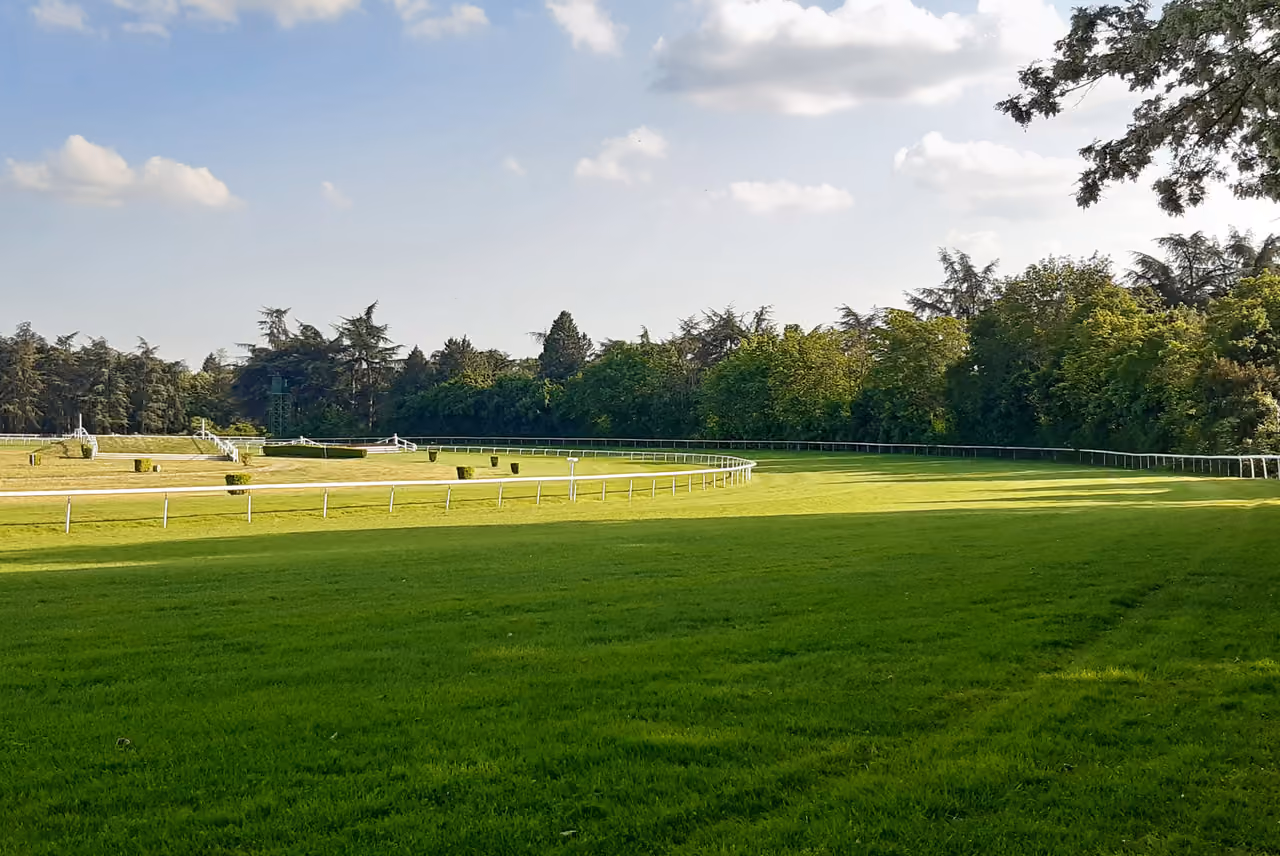 Lush green racecourse track at Hippodrome de Parilly under a cloudy sky