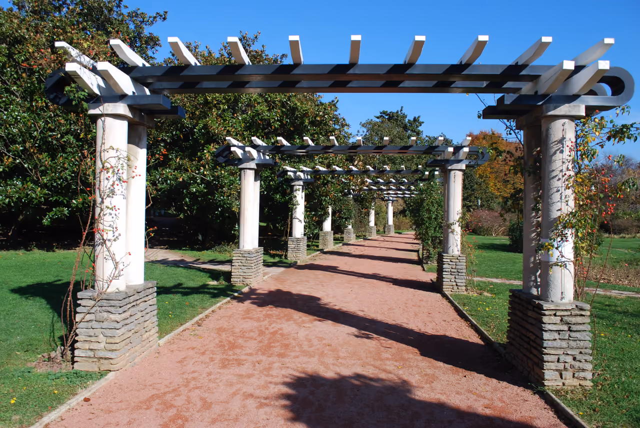 A pergola over a pathway in Parc de la Tete d'Or