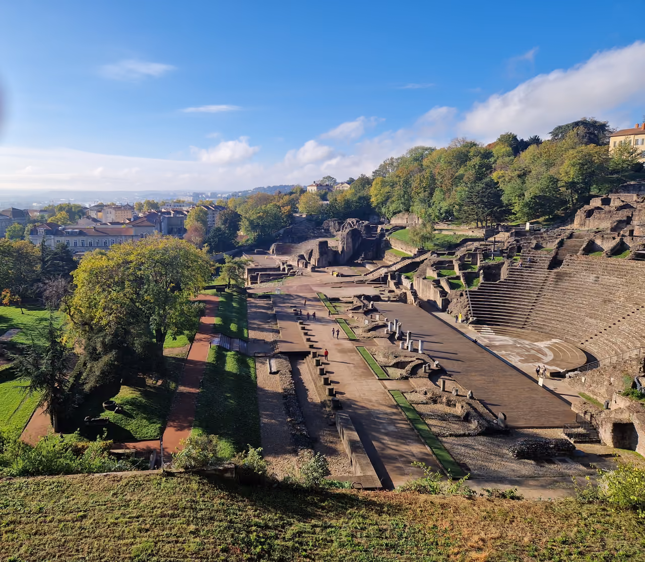 Panoramic view of the ancient Roman Theatre and Odeon of Fourviere on a sunny day