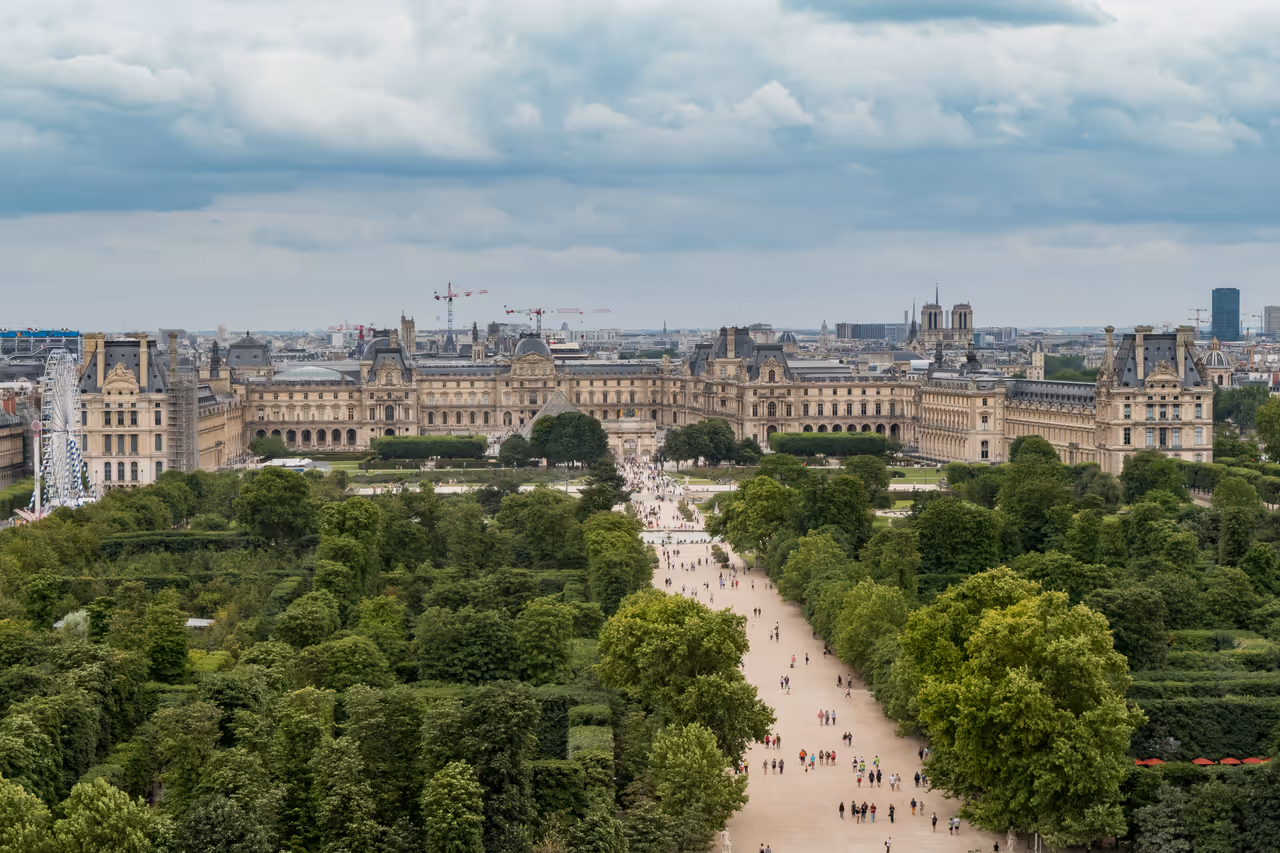 Louvre Museum from above, showing greenery
