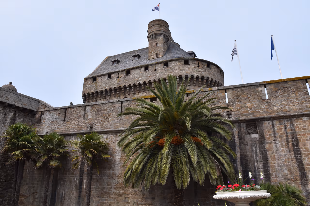 Historic stone ramparts and medieval fortification tower of Saint-Malo, framed by lush green palm trees and a blooming flower planter