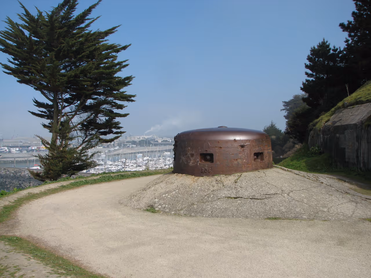 Historic stone WWII blockhaus turret overlooking the coast and harbor of Saint-Malo