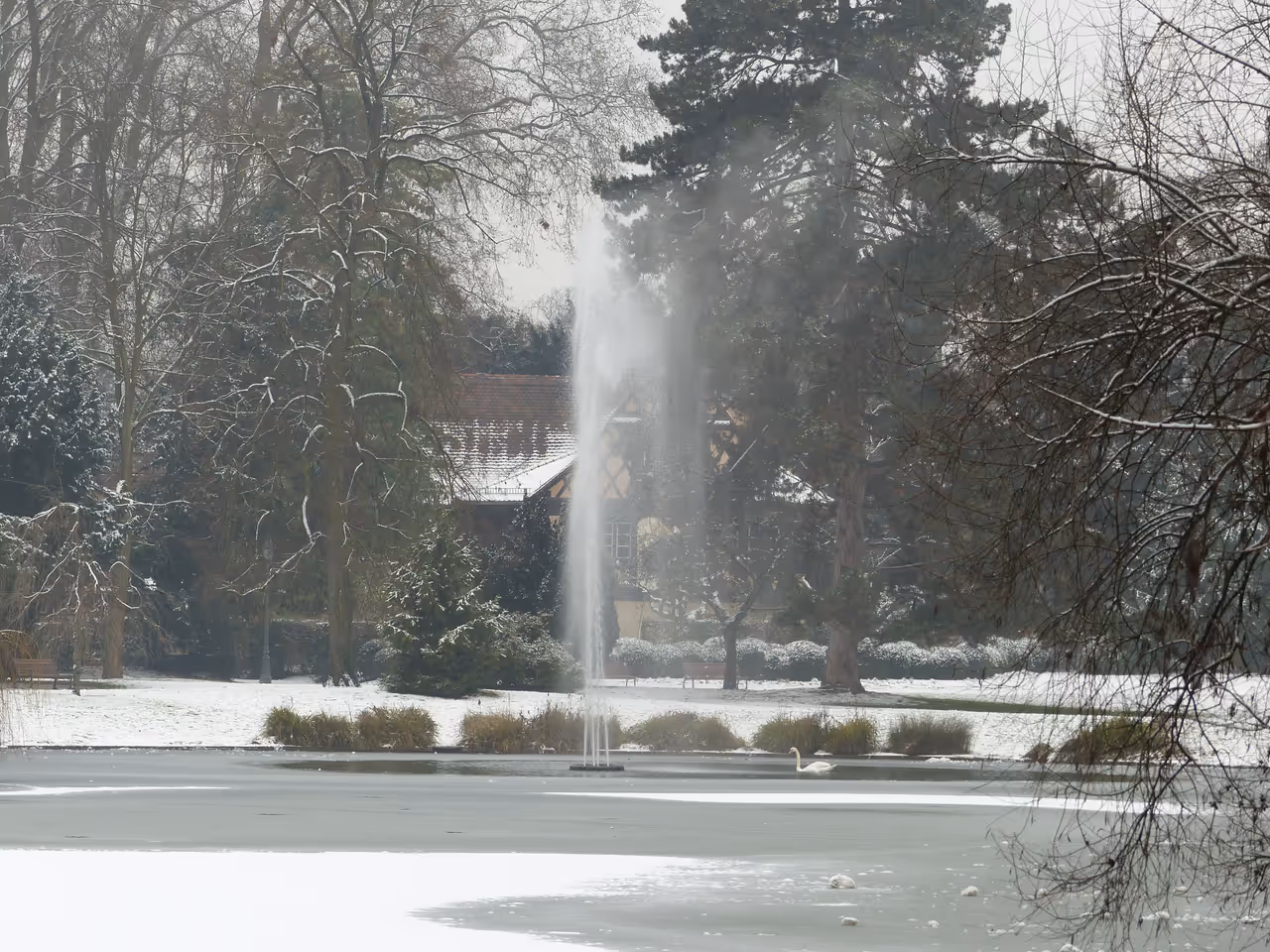 Orangerie park fountain covered in snow