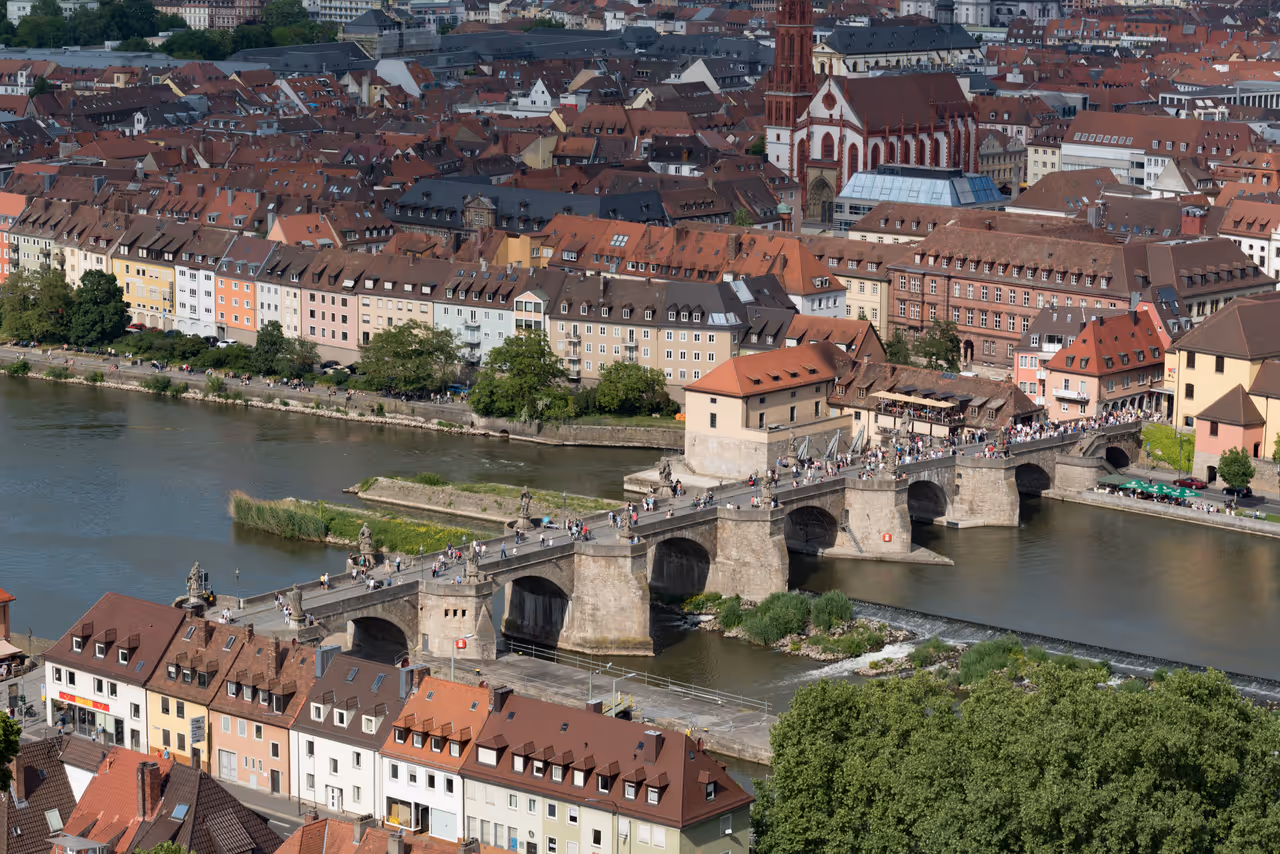Old main bridge in Würzburg from bird's eye view