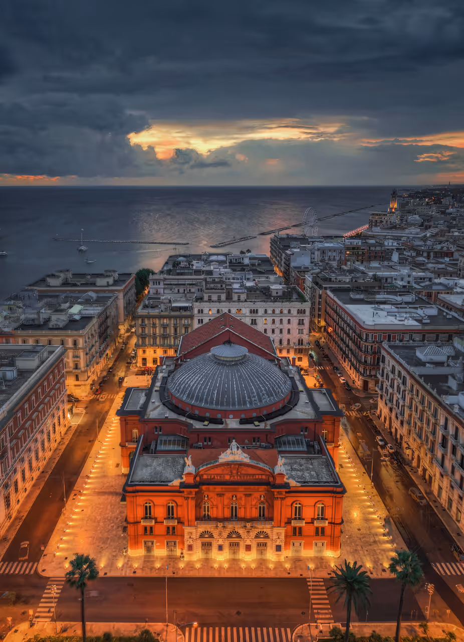 Drone image of the Petruzzelli Theatre at dawn