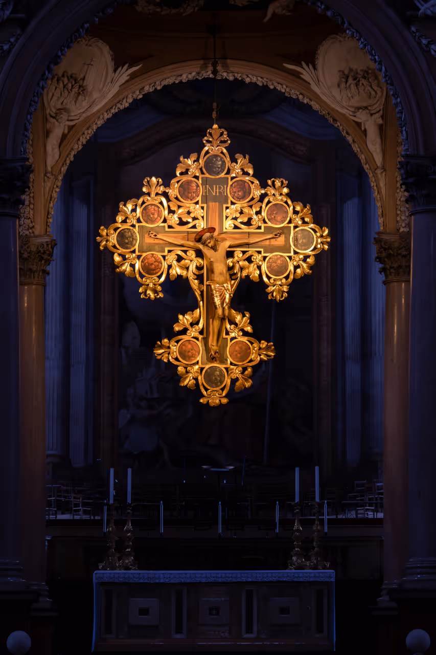 Basilica of San Petronio, Altar and Crucifix at dusk., Bologna