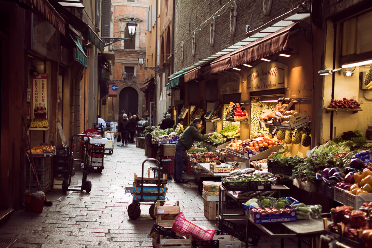 Old fish market street in Bologna