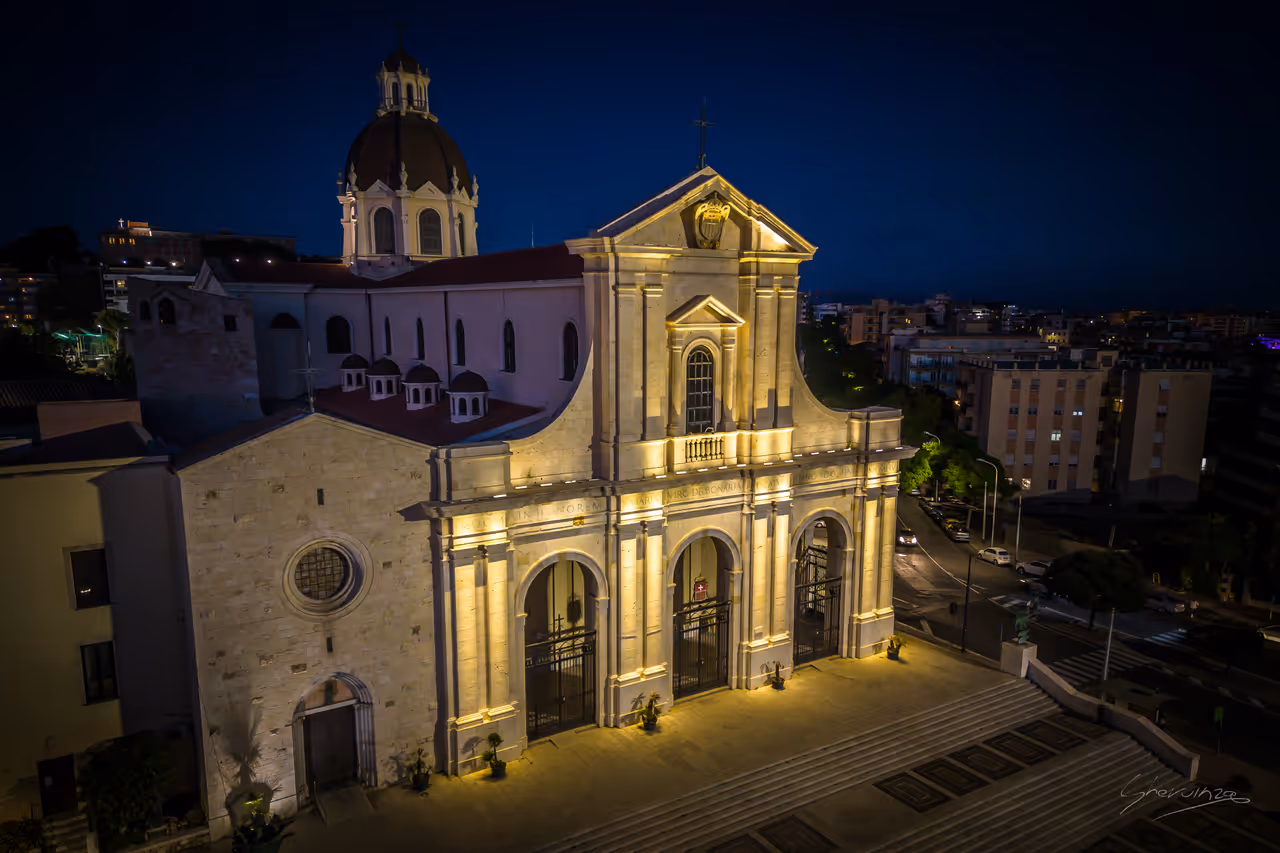 The Basilica of Our Lady of Bonaria at night, Cagliari