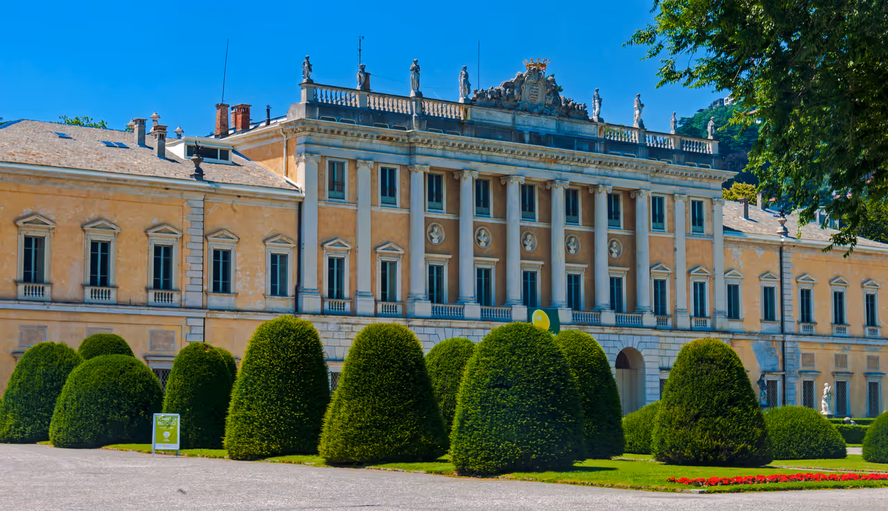 The front facade of Villa Olmo on the lakeshore, Como