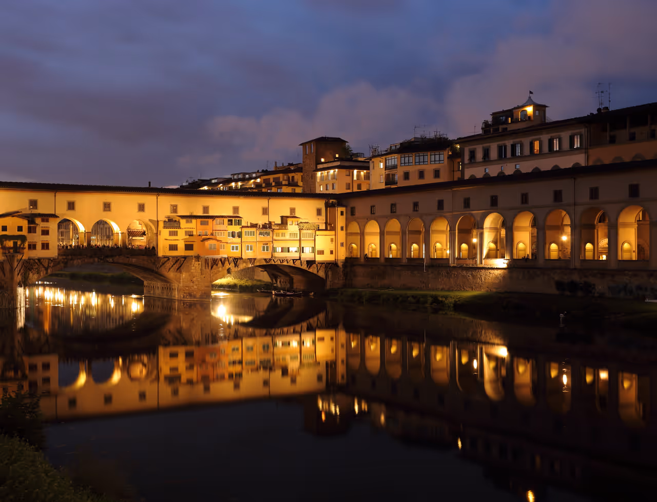 Ponte Vecchio at dusk, part of UNESCO World Heritage Site
