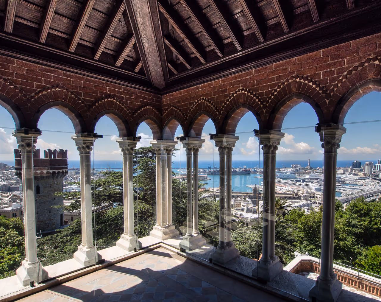 Albertis Castle loggia, showing the city out the window